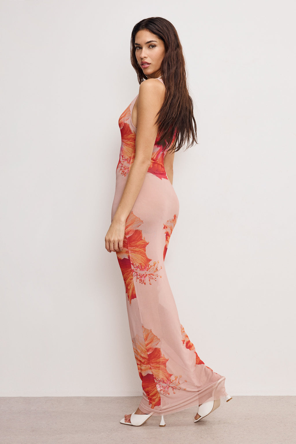 GAUZE MESH MAXI DRESS MAUVE TROPICAL HIBISCUS001