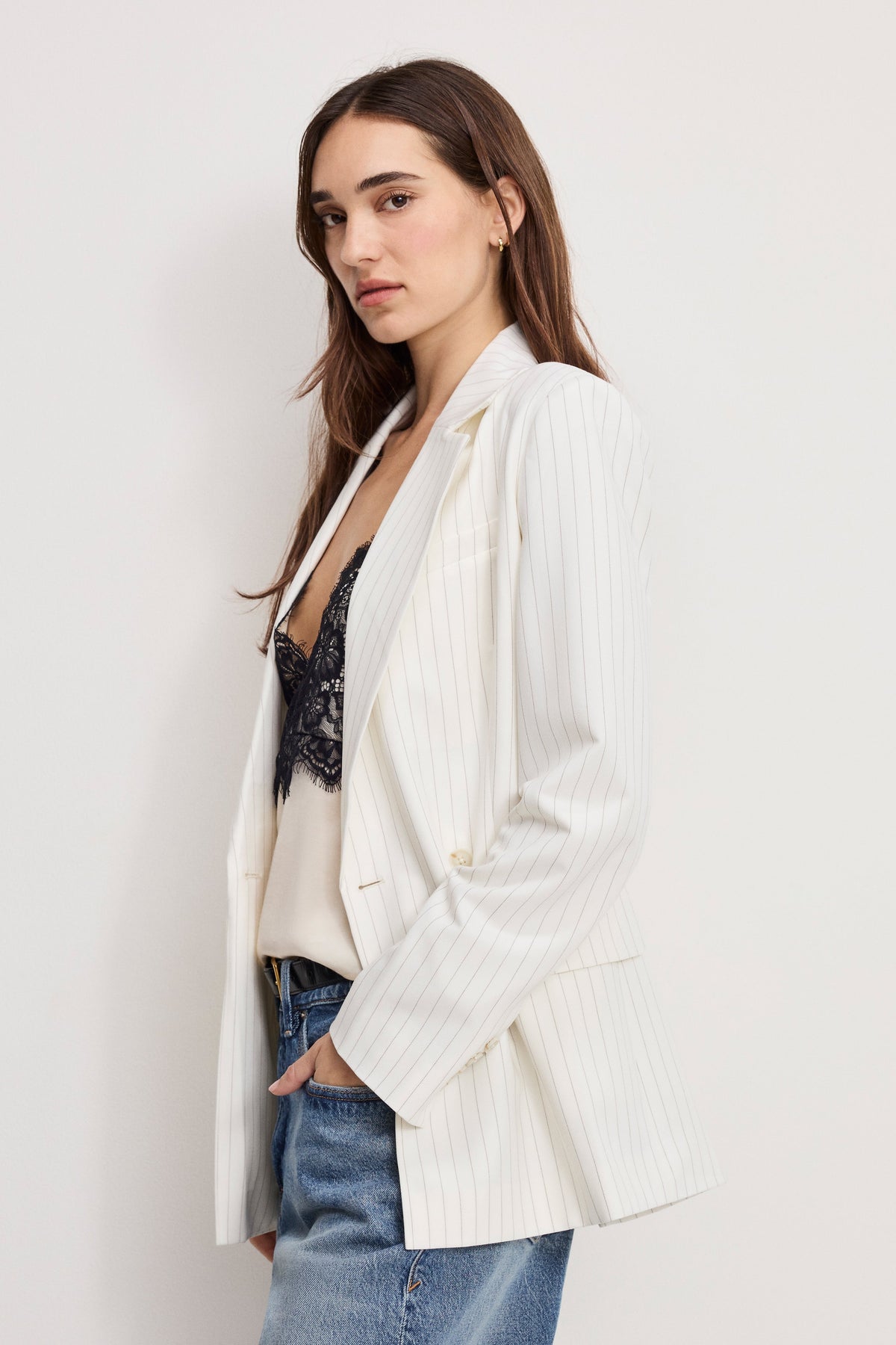 ESSENTIAL SUITING BELTED BLAZER CHESTNUT PIN STRIPE