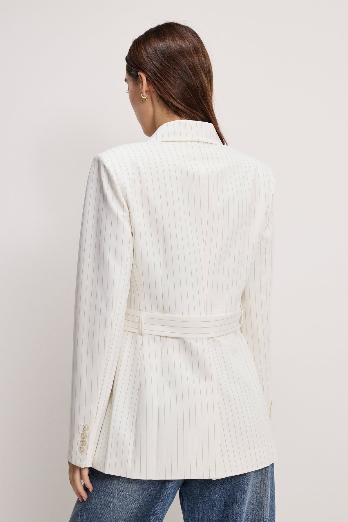ESSENTIAL SUITING BELTED BLAZER CHESTNUT PIN STRIPE