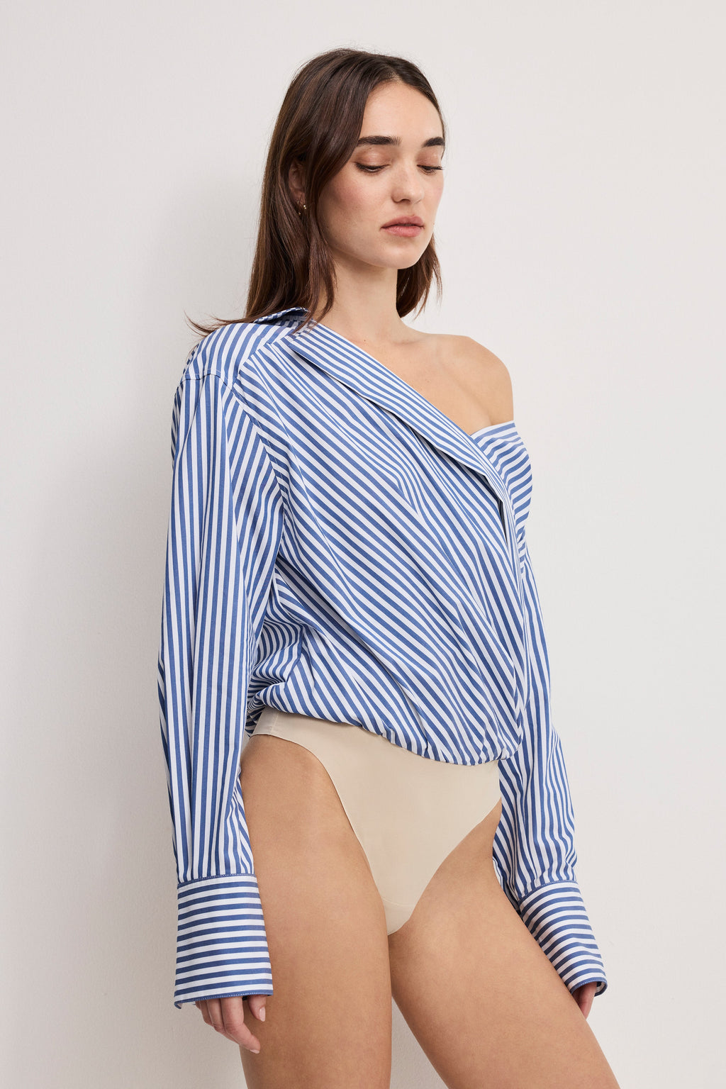 OFF-SHOULDER POPLIN BODYSUIT INDIGO STRIPE
