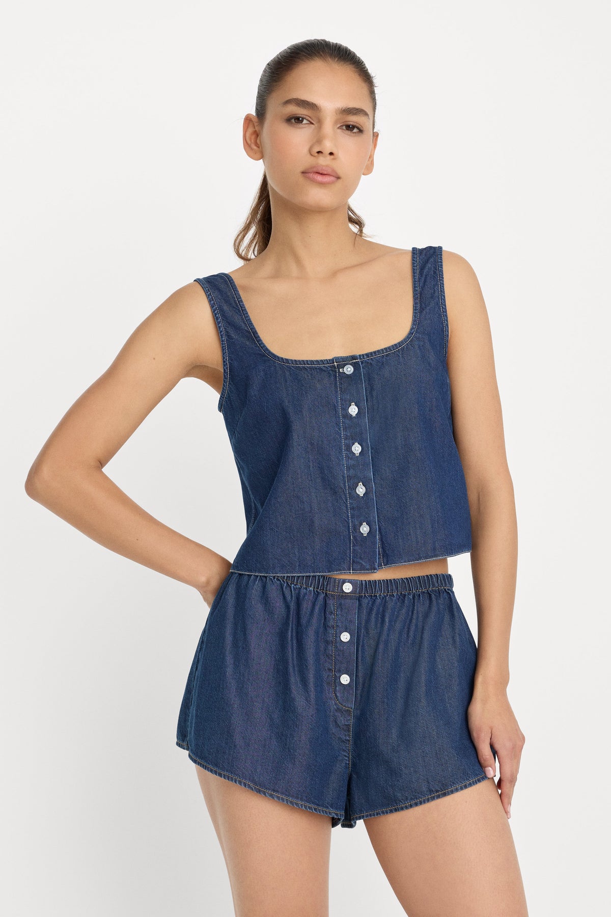DENIM BUTTON FRONT TANK INDIGO1187
