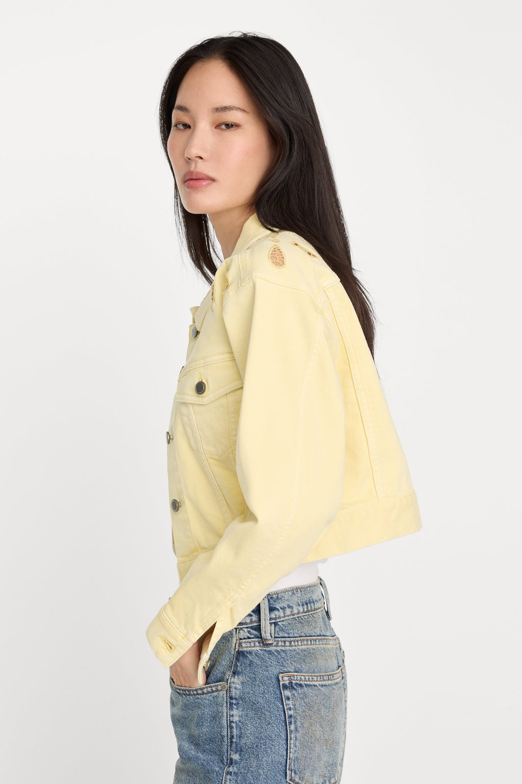 ESSENTIAL CROP DENIM JACKET EMBROIDERED ANISE YELLOW
