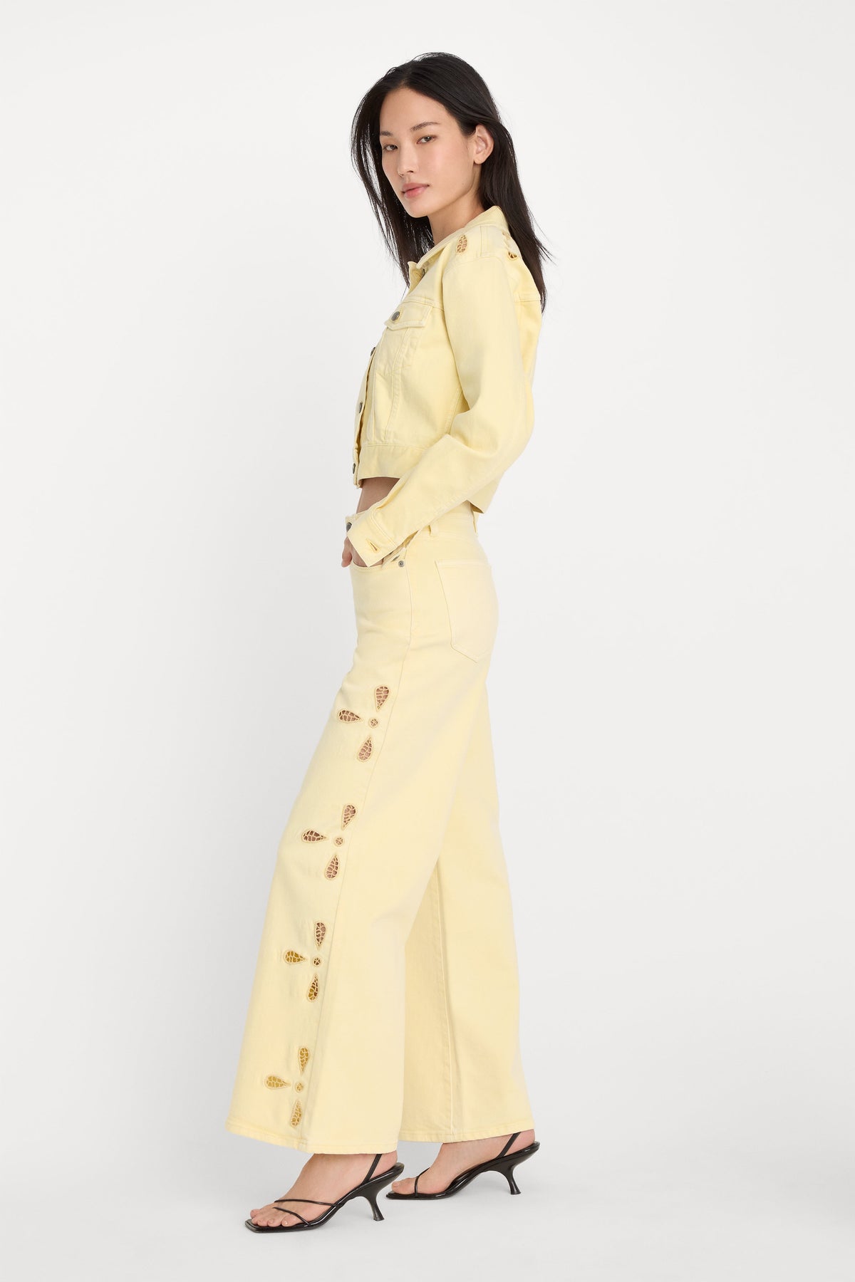 GOOD WAIST PALAZZO ANKLE EMBROIDERED JEANS ANISE YELLOW