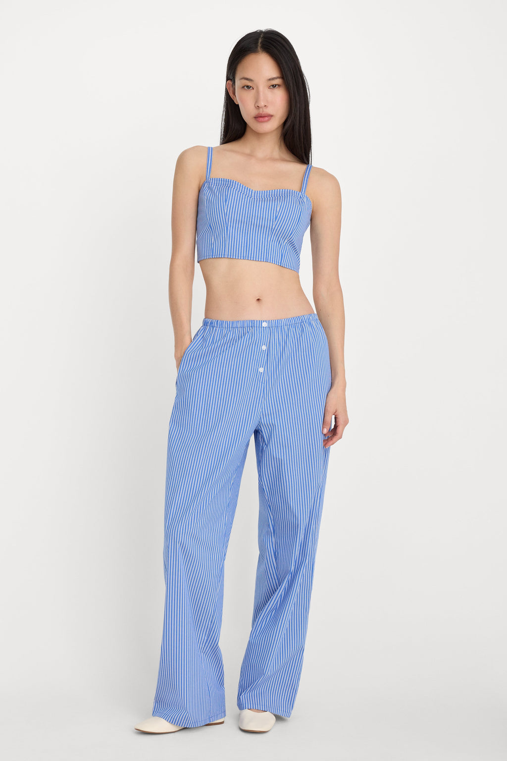 POPLIN BUSTIER CAMI TOP BLUE AND WHITE STRIPE