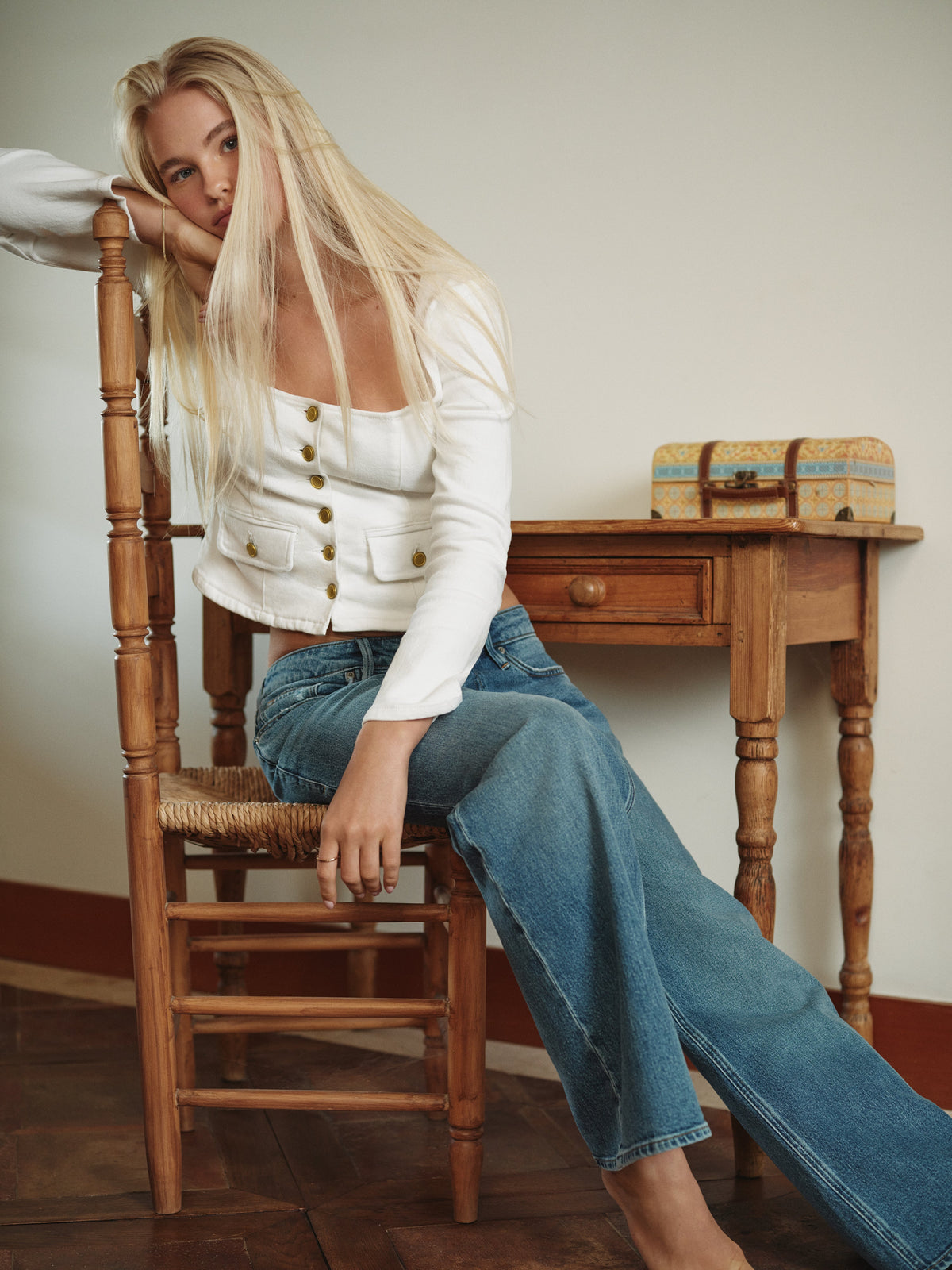 DENIM FITTED BUTTON FRONT JACKET COTTON WHITE