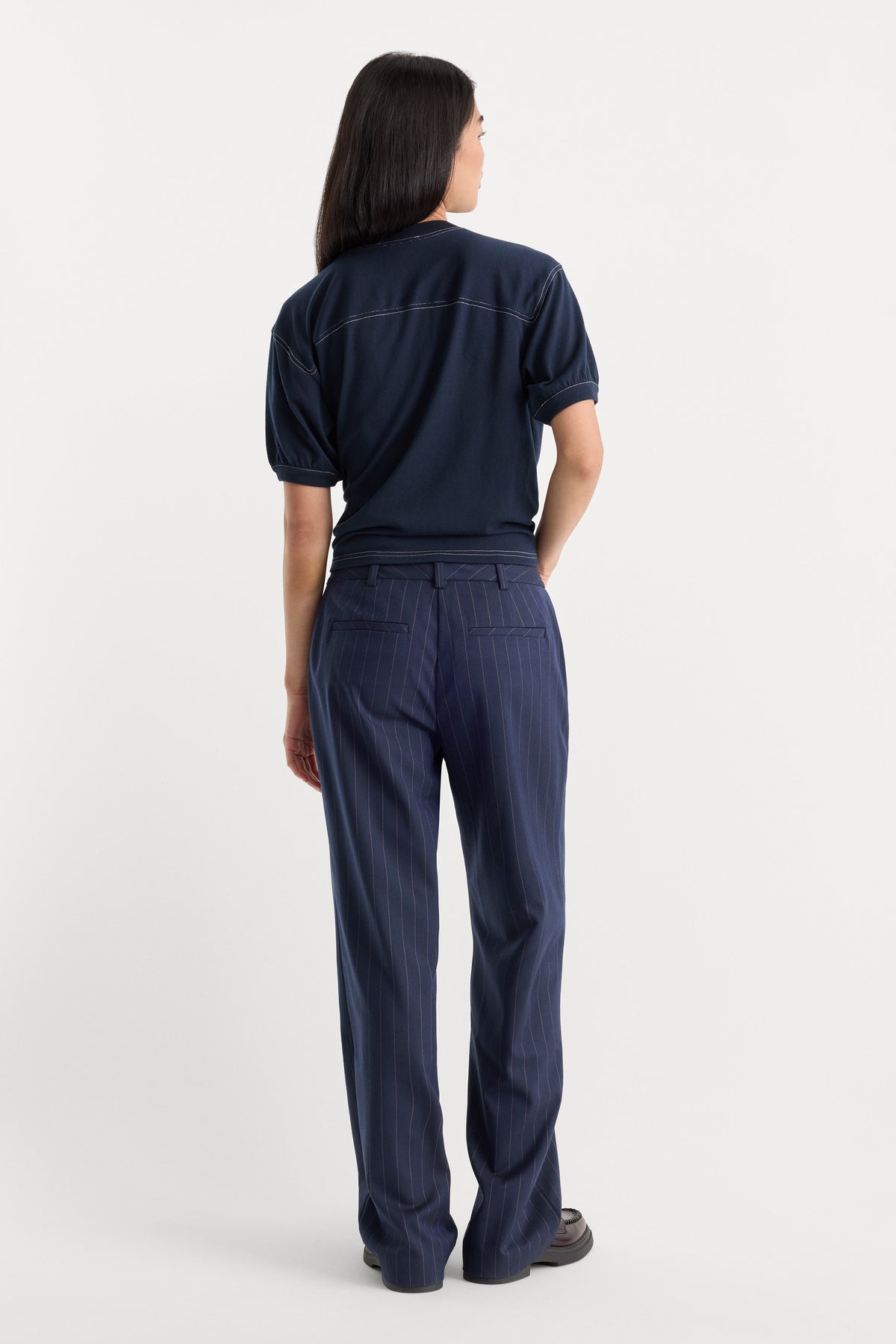 THE LOW RISE STRAIGHT LEG TROUSER NAVY PINSTRIPE