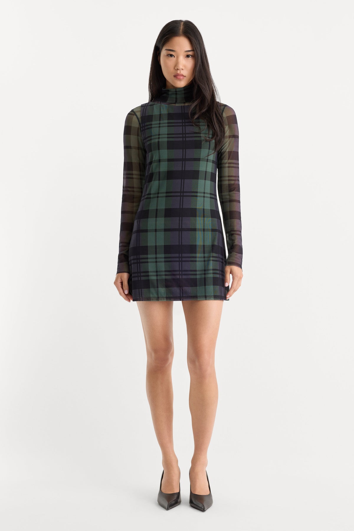 THE MESH MINI DRESS NAVY AND GREEN PLAID