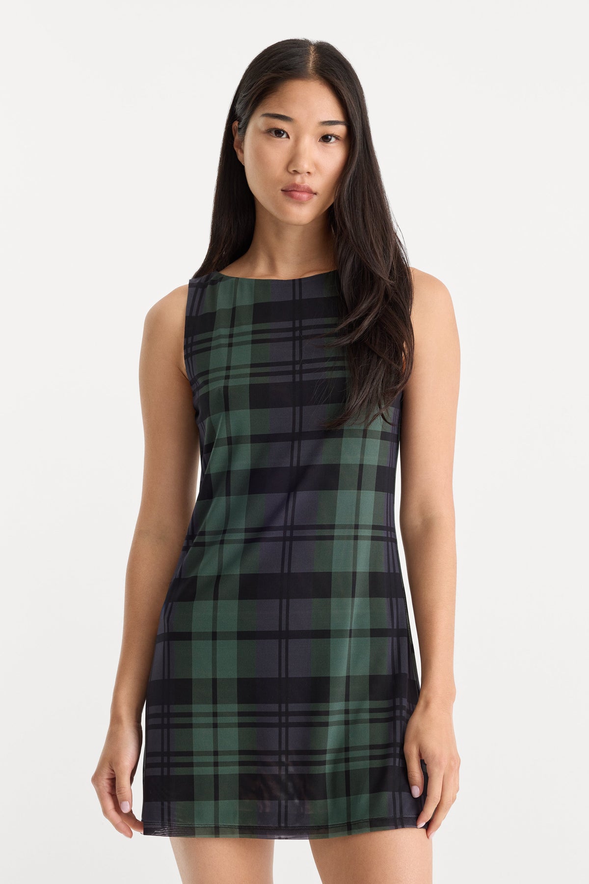 THE MESH MINI DRESS NAVY AND GREEN PLAID
