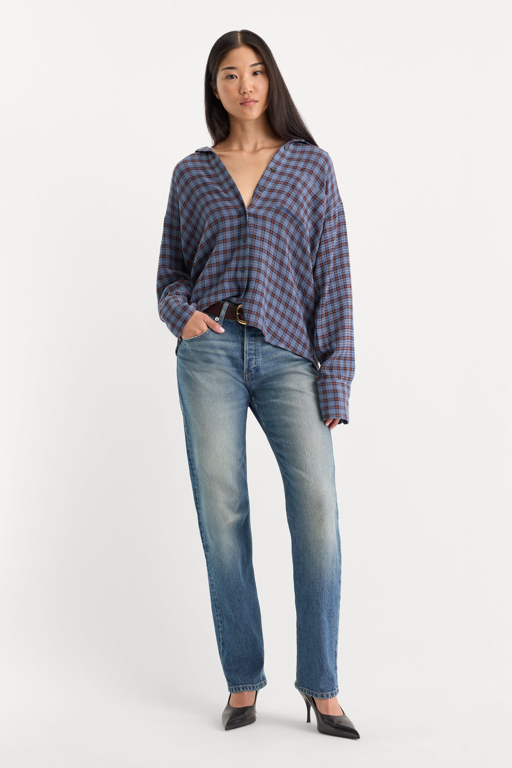 THE CRINKLE EASY SHIRT BLUE PLAID
