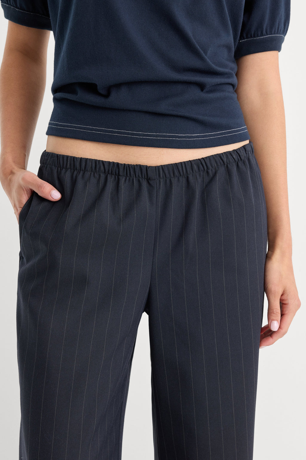 THE PINSTRIPE PULL ON TROUSER NAVY PINSTRIPE