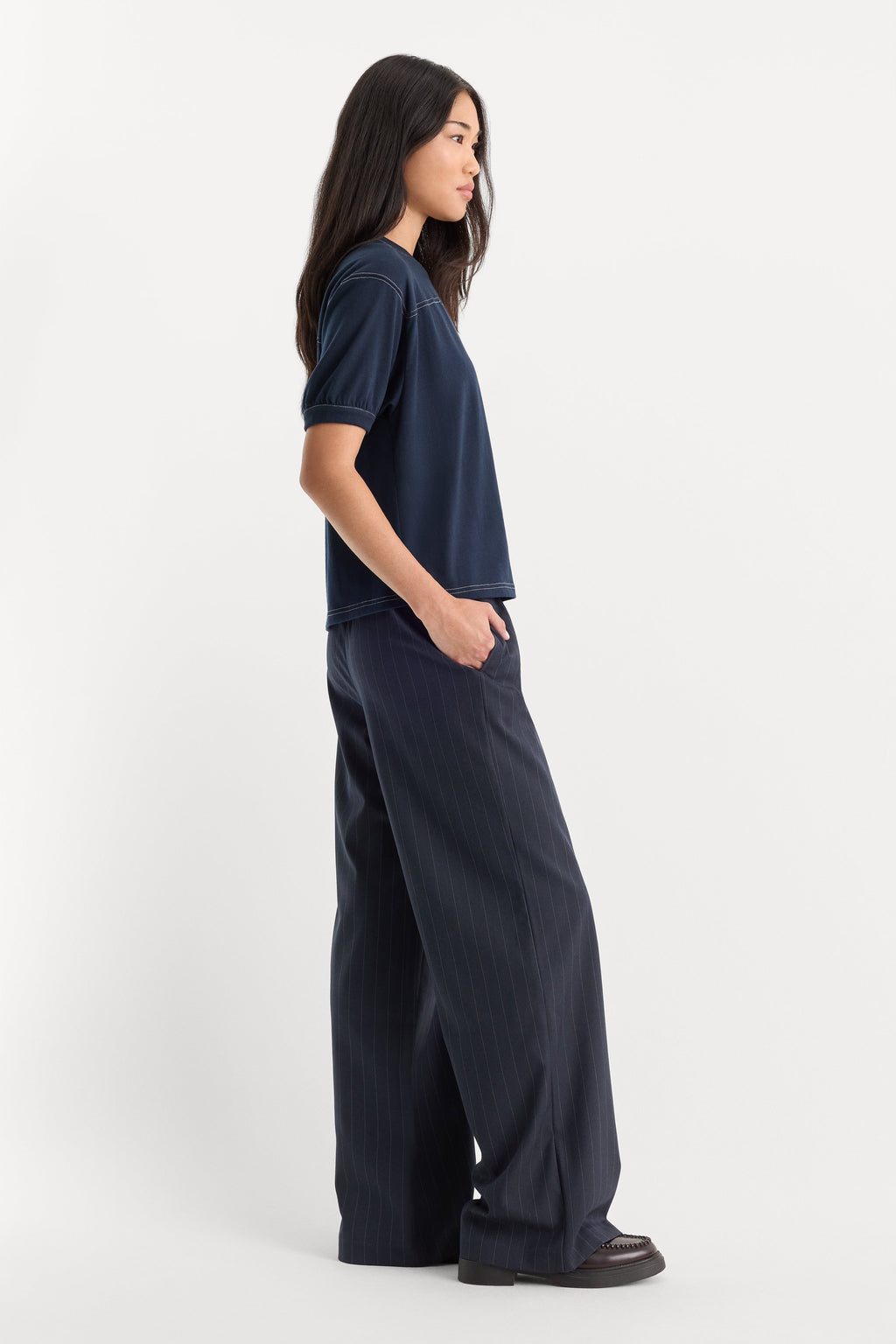 THE PINSTRIPE PULL ON TROUSER NAVY PINSTRIPE