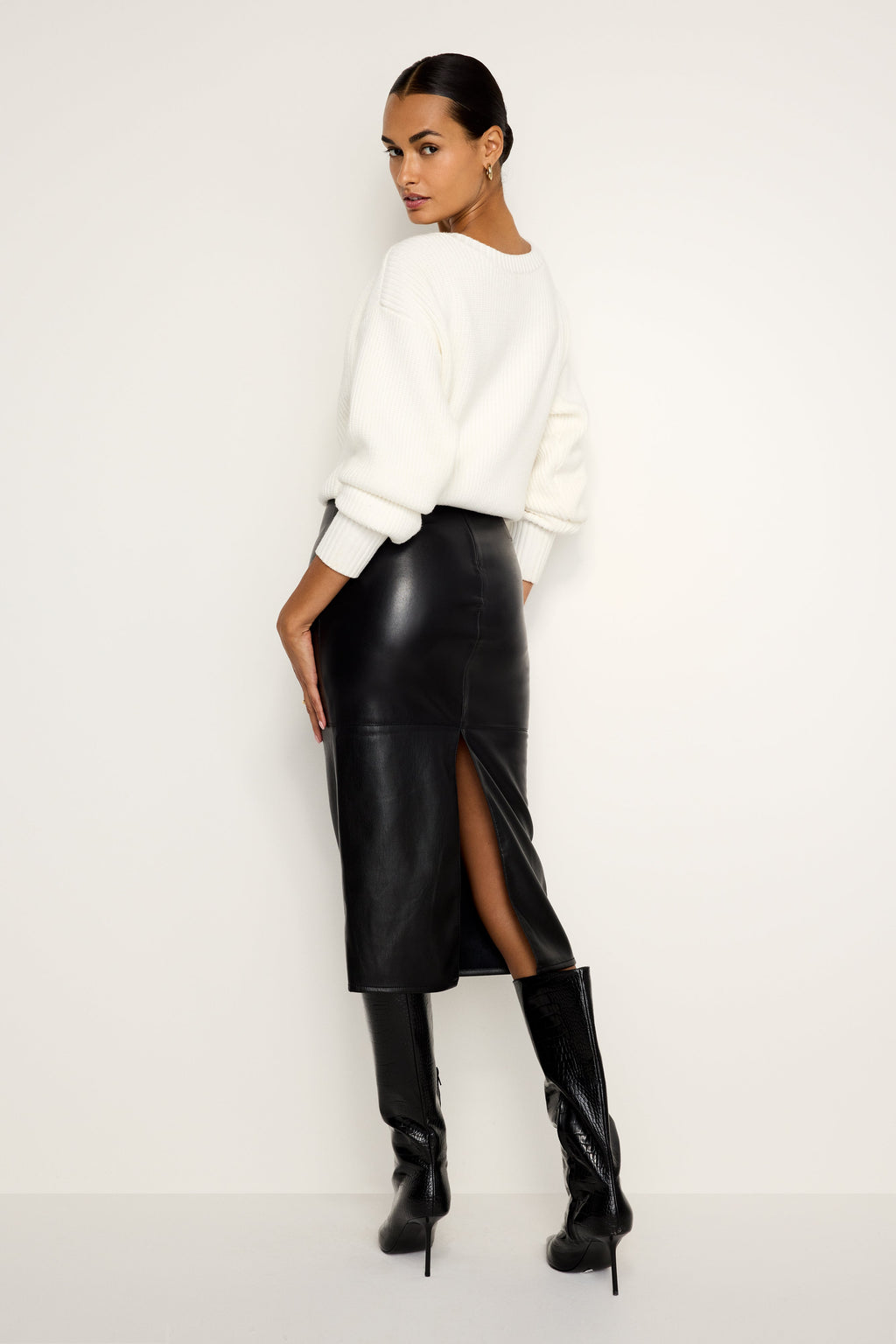 FAUX LEATHER MIDI SKIRT BLACK001